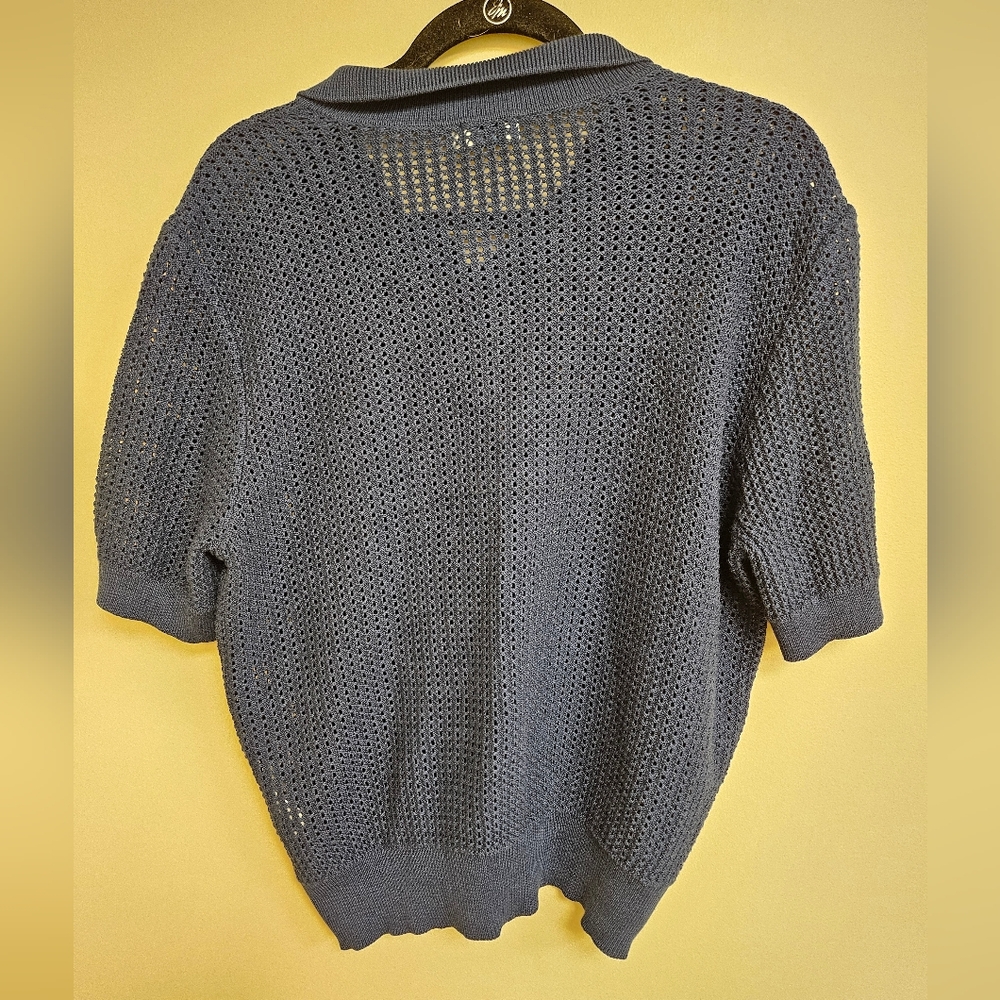 Clare V. Augustine Polo Size L Navy Blue Mesh Cotton Knit Top - Picture 4 of 12